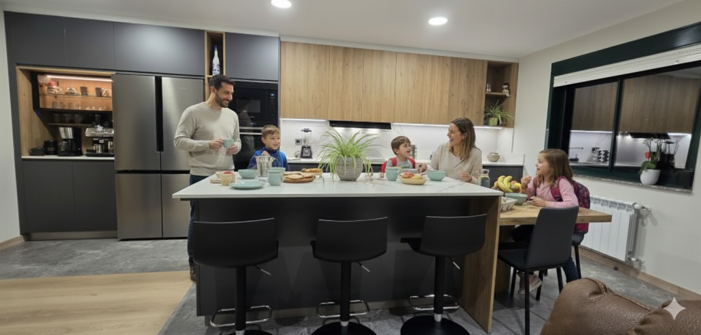 familia disfrutando de su nueva cocina en lugo